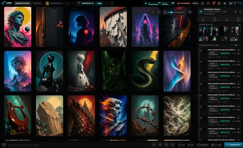 Codex Studio workspace with a local image catalog and persistent generation queue