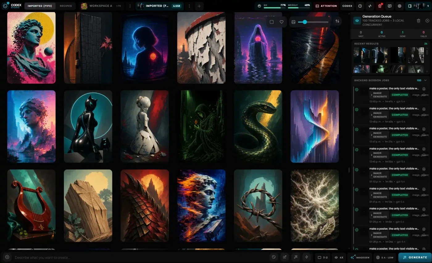 The Codex Studio catalog beside a persistent generation queue