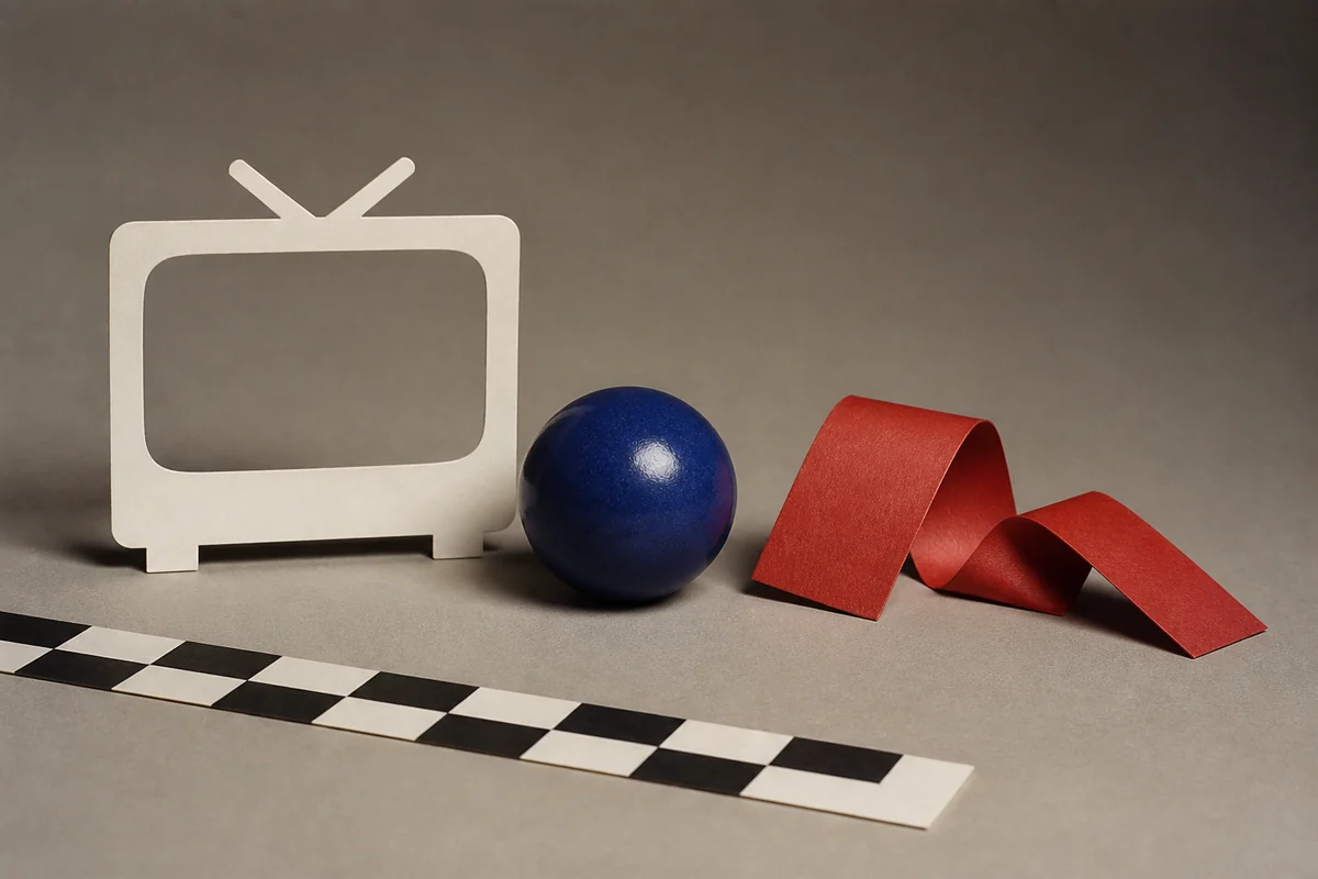 Matte television, blue sphere, and red paper ribbon before processing