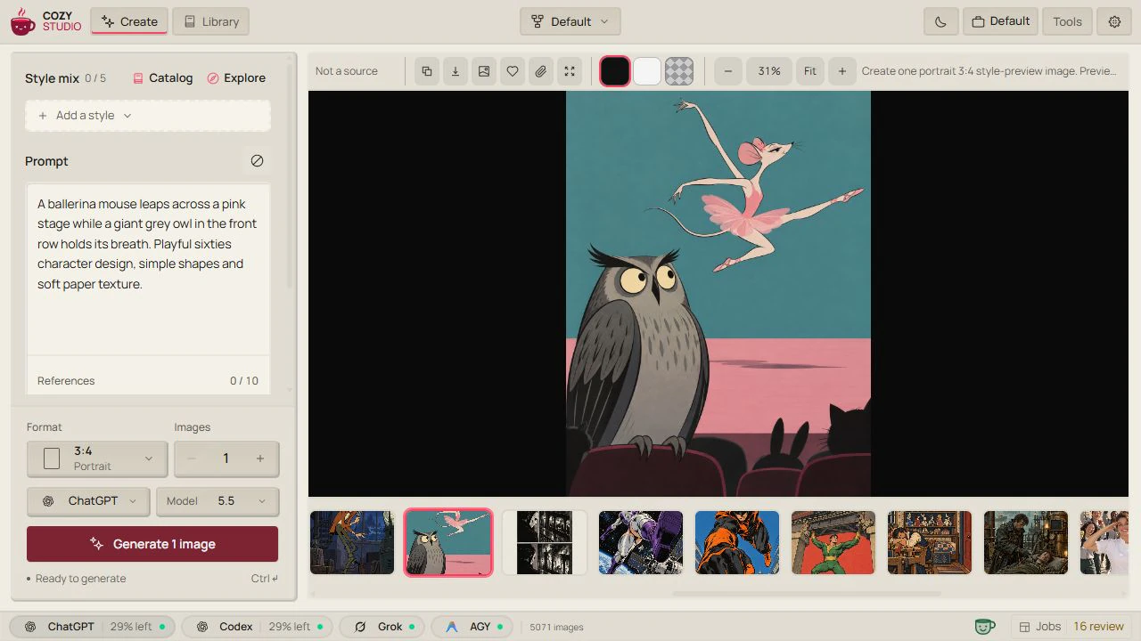 Create: prompt, references, format and image controls beside an existing result