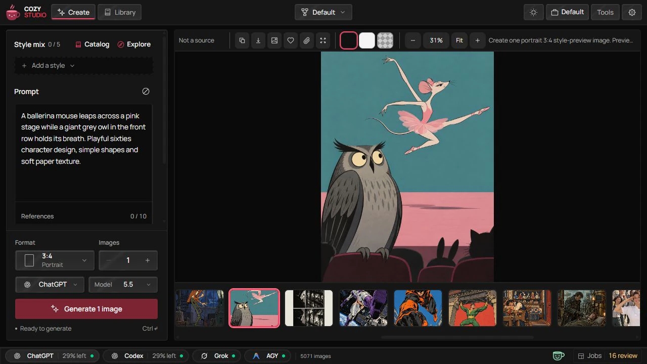 Create: prompt, references, format and image controls beside an existing result
