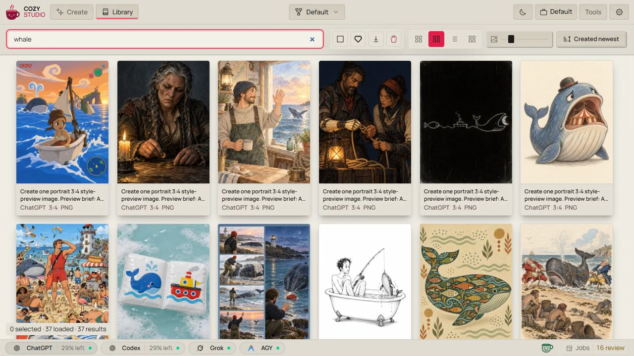 Library: search saved images and browse a mosaic of results
