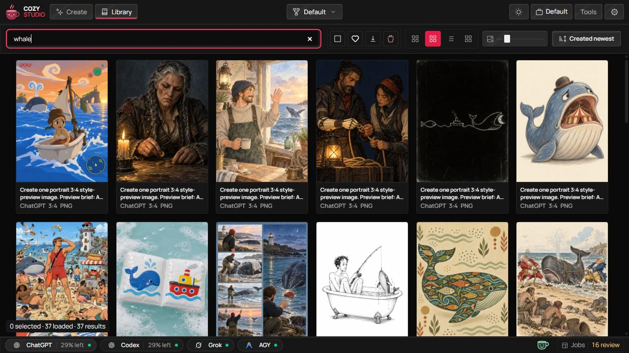 Library: search saved images and browse a mosaic of results