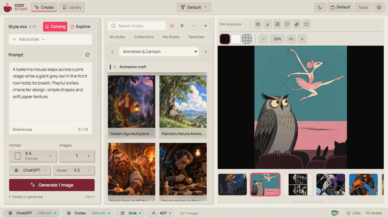 Style catalog: browse animation sample cards beside the Create canvas