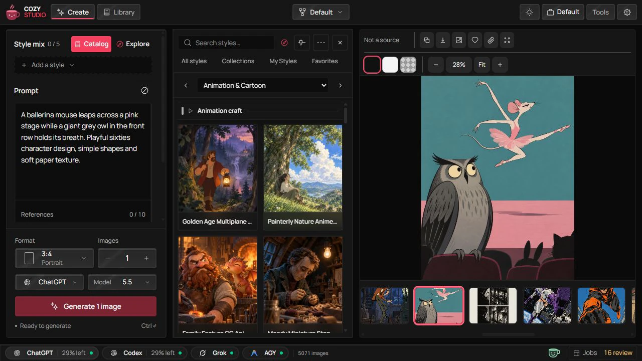 Style catalog: browse animation sample cards beside the Create canvas