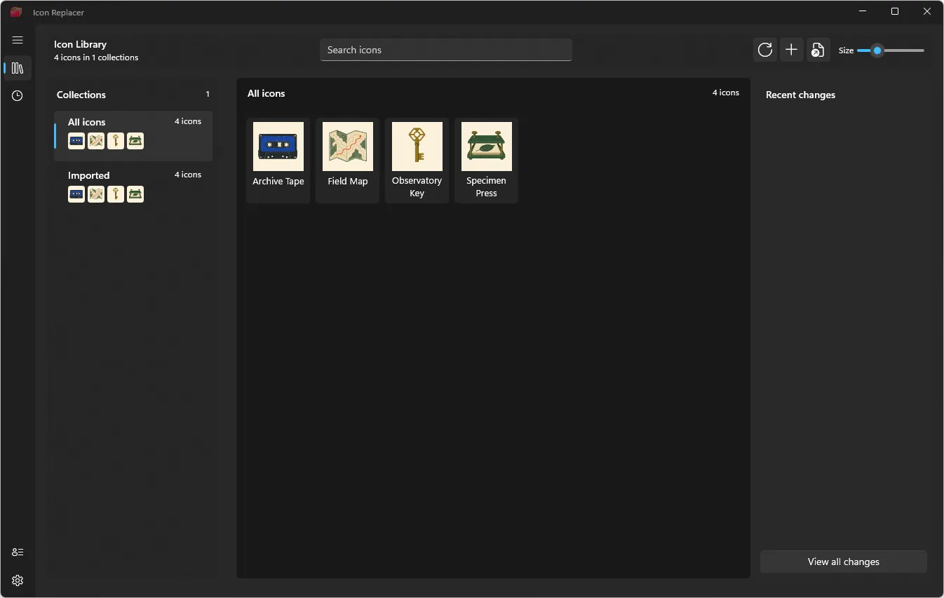 Icon Replacer library with four matte editorial icon examples