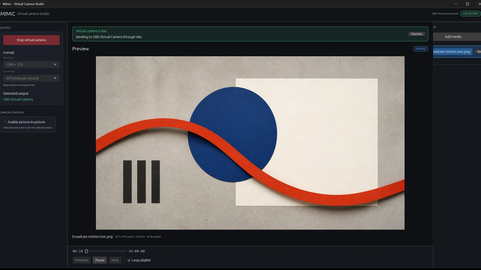 Mimic sending a generated motion-test fixture to OBS Virtual Camera