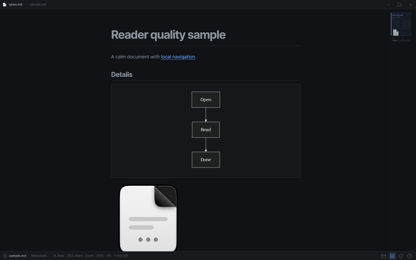 Dark reading view with rendered Markdown, Mermaid diagram, local image, minimap, and status bar