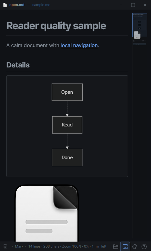 The same dark Markdown document displayed in a narrow open.md window