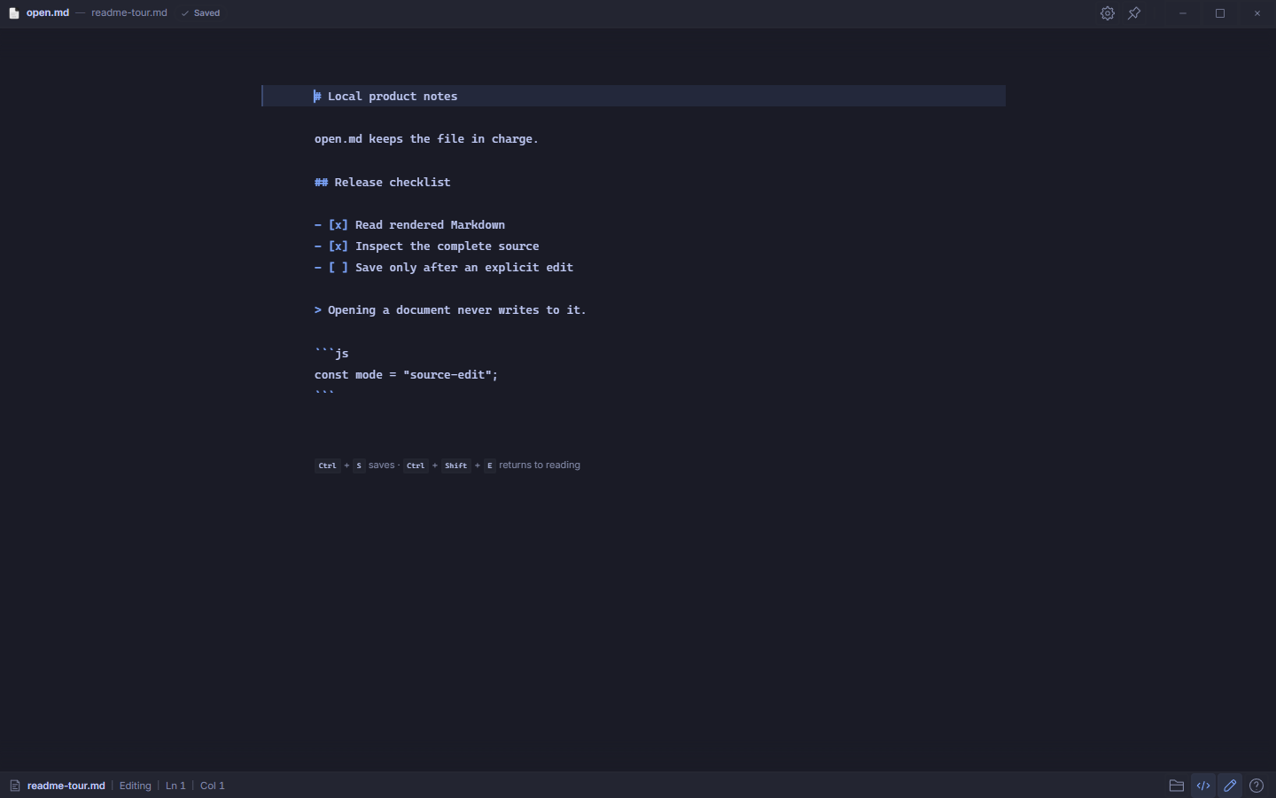 Dark Source Edit view showing the complete Markdown file in a continuous editing surface