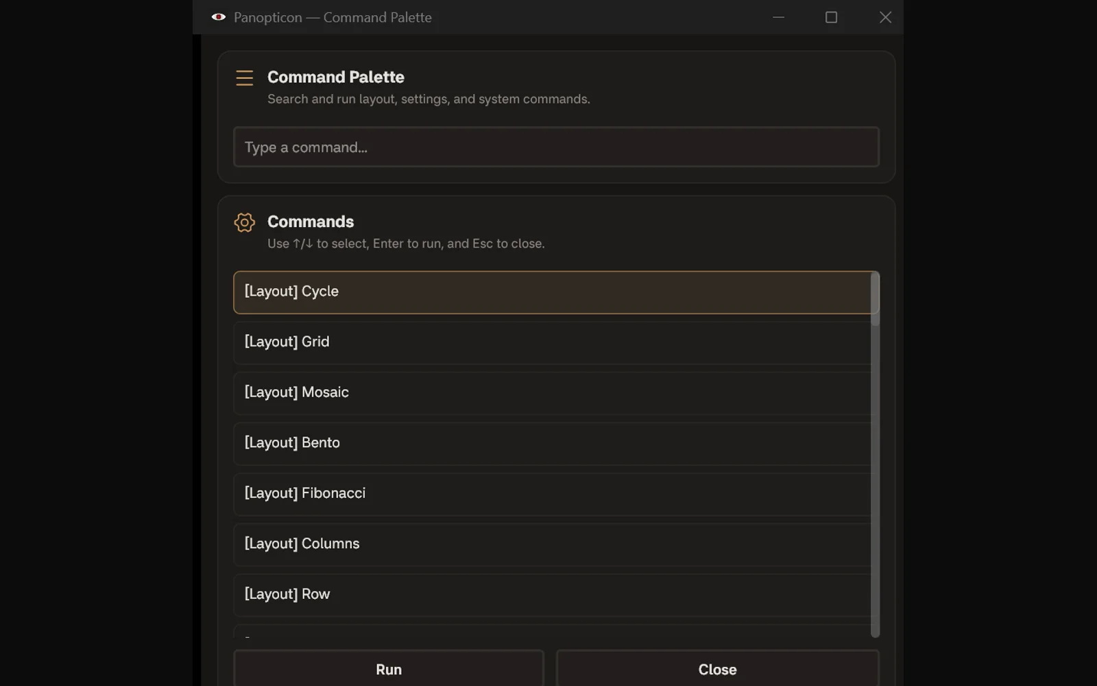 Panopticon command palette with layout commands