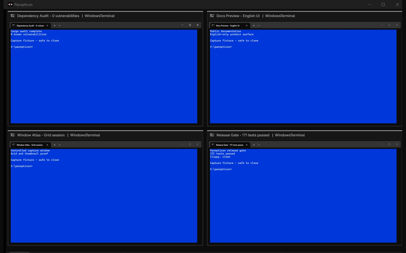 Panopticon grid with four controlled live terminal thumbnails