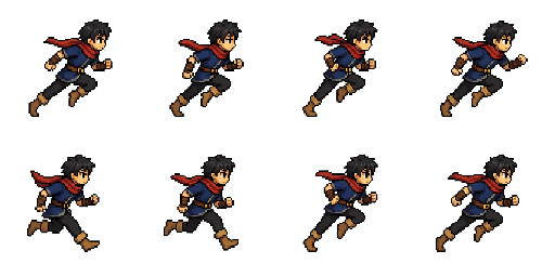 Eight-frame forest scout running spritesheet used by the browser quality journey