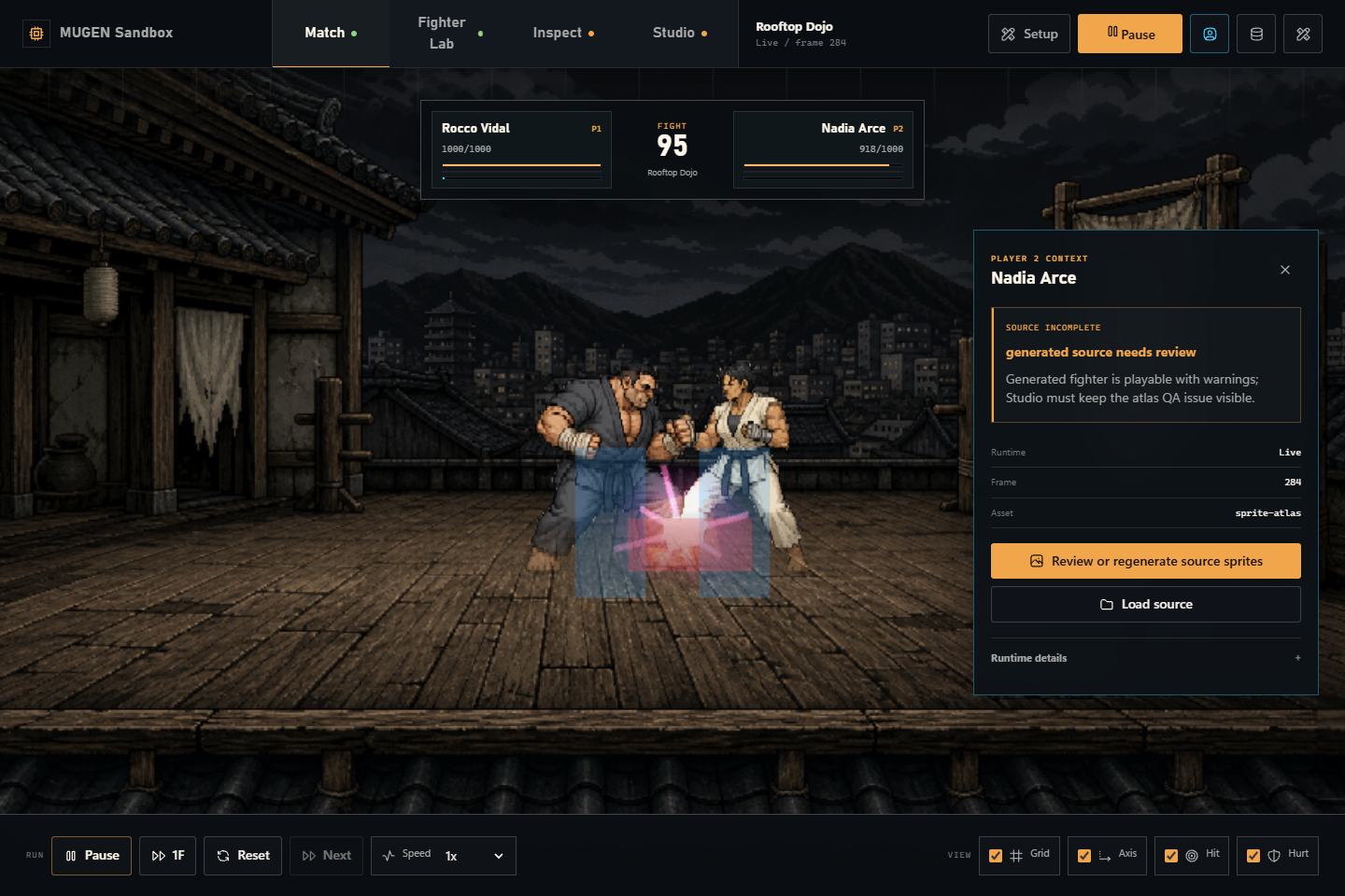 Two local fighters in the playable match runtime with an evidence context panel