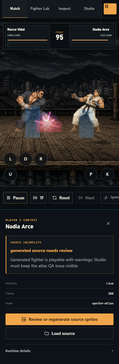 Mobile match runtime with touch controls and source review status