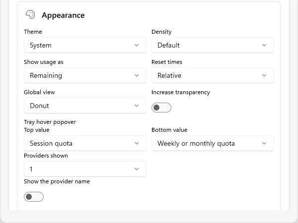 Appearance and tray popover settings