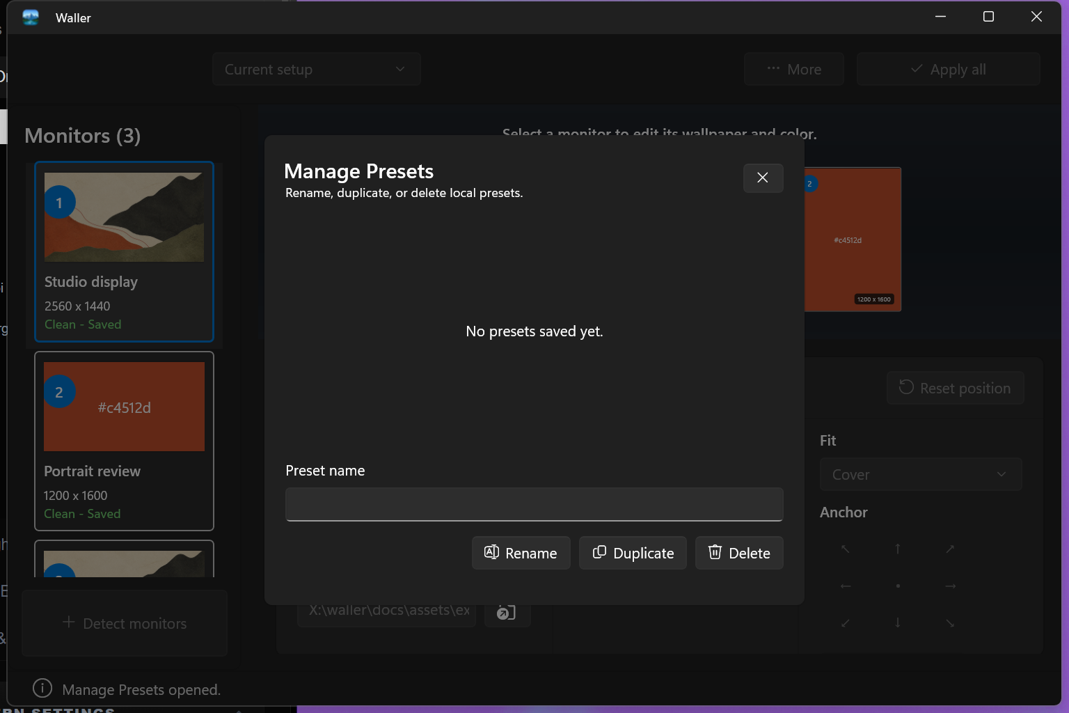 Waller local preset manager